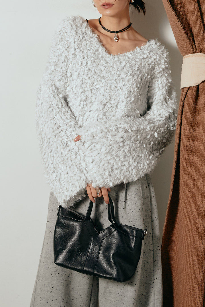 [SET]深Vネックチョウチョヤーンニットトップス+ベルト付きネップツイードカーブパンツ(2set)