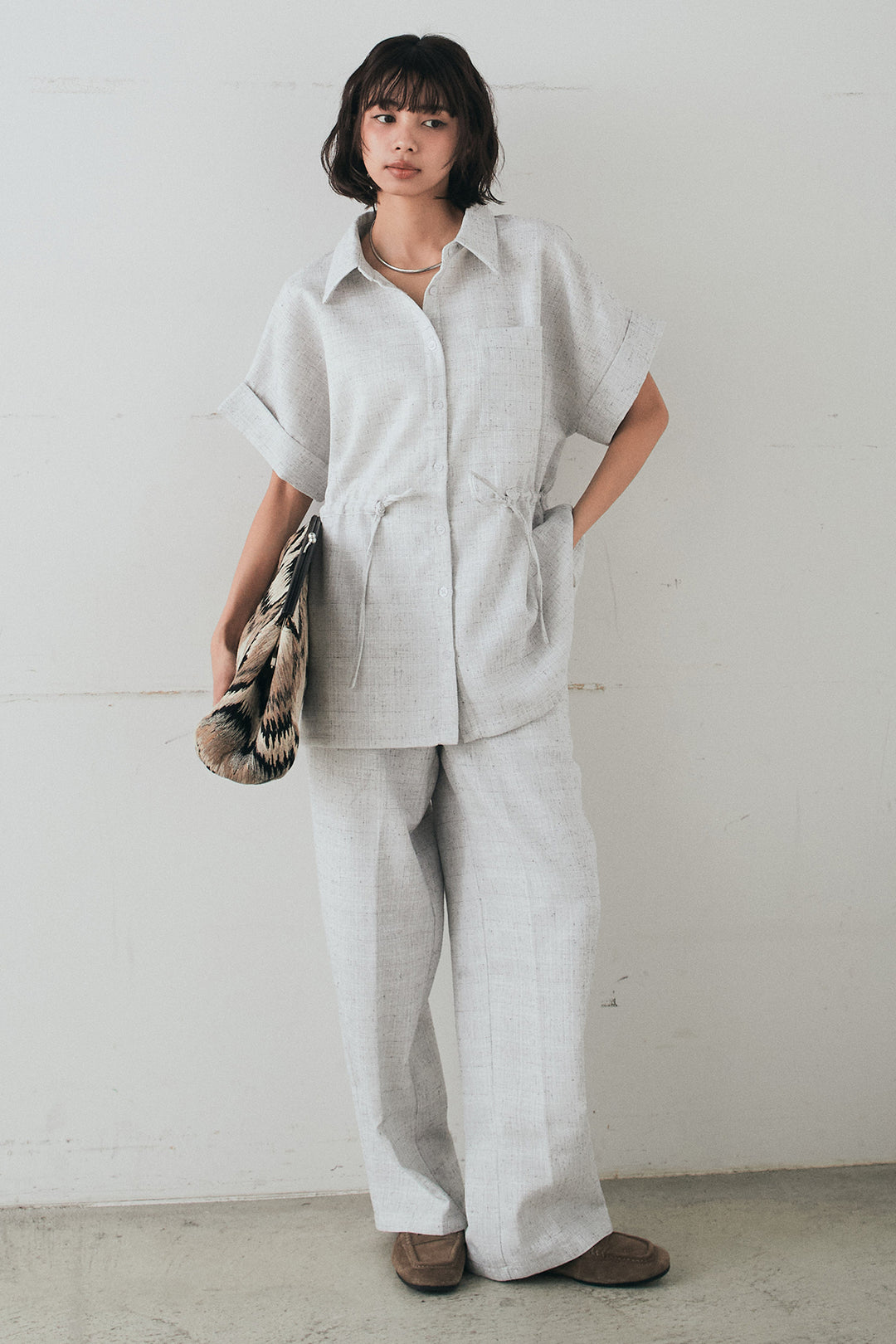 [SET]ツイードウエストドロストシャツ+ツイードタックパンツ(2set)