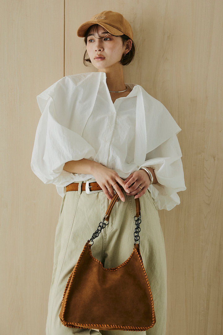 [SET]ケープカラーナイロンブラウス+サイドベルトカーブワイドパンツ(2set)