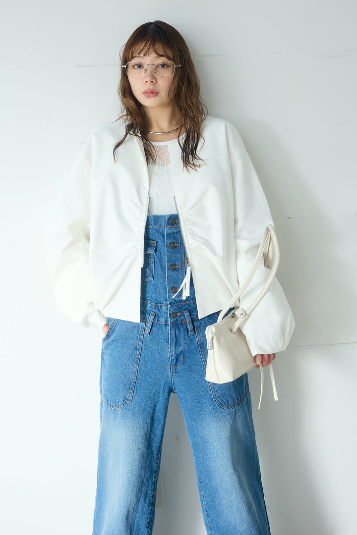 [SET]ノーカラーフロントギャザージップアウター+デニムサロペットワイドパンツ+ストレッチレースクルーネックインナー(3set)