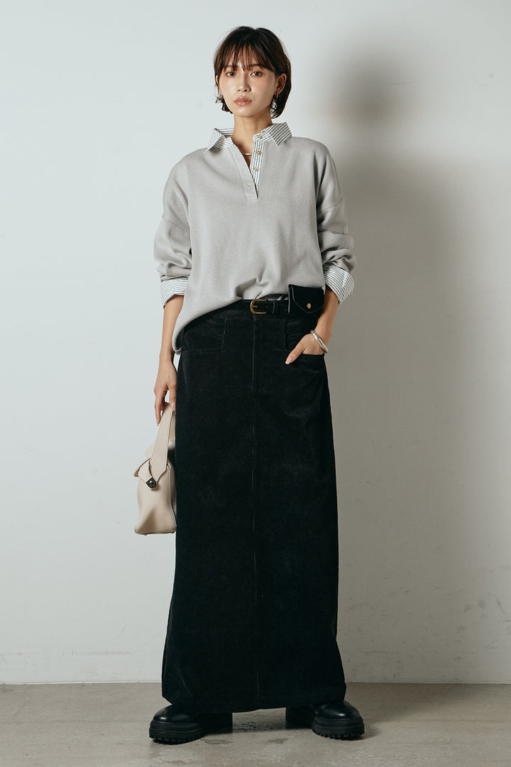 [SET]ストライプシャツドッキングポロトップス+ポーチベルト付きコーデュロイワイドスカート(2set)