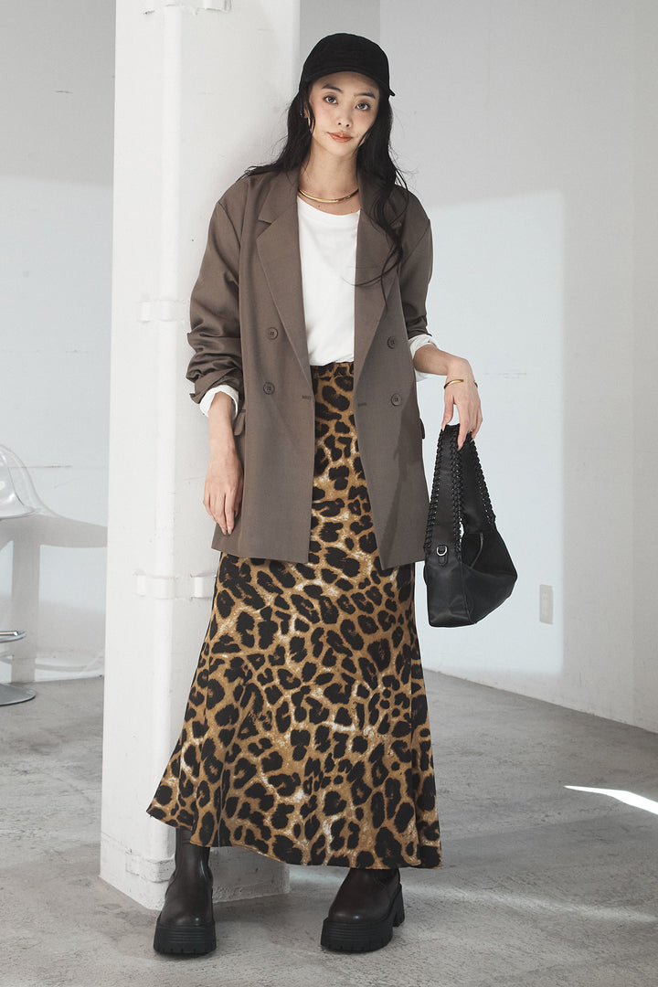 [SET]ルーズシルエットダブルテーラードジャケット+レオパードサテンナロースカート(2set)