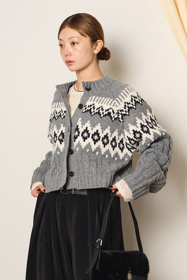 [SET]2WAY求心柄ジャガードショートカーディガン+2WAY袖コード刺繍クルーネックプルオーバー(2set)