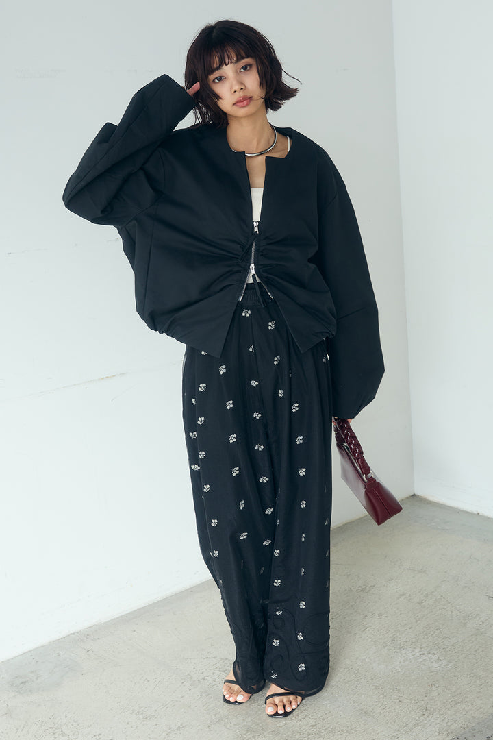 [SET]ニュアンスウェーブ刺繍シアーチュールパンツ+花柄刺繍ツイルタックパンツ(2set)