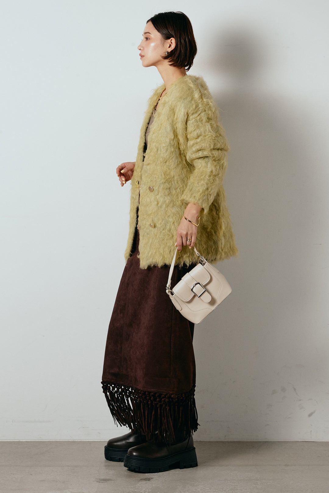 [SET]ウェーブシャギーニットジャケット+スウェードライク裾フリンジスカート(2set)