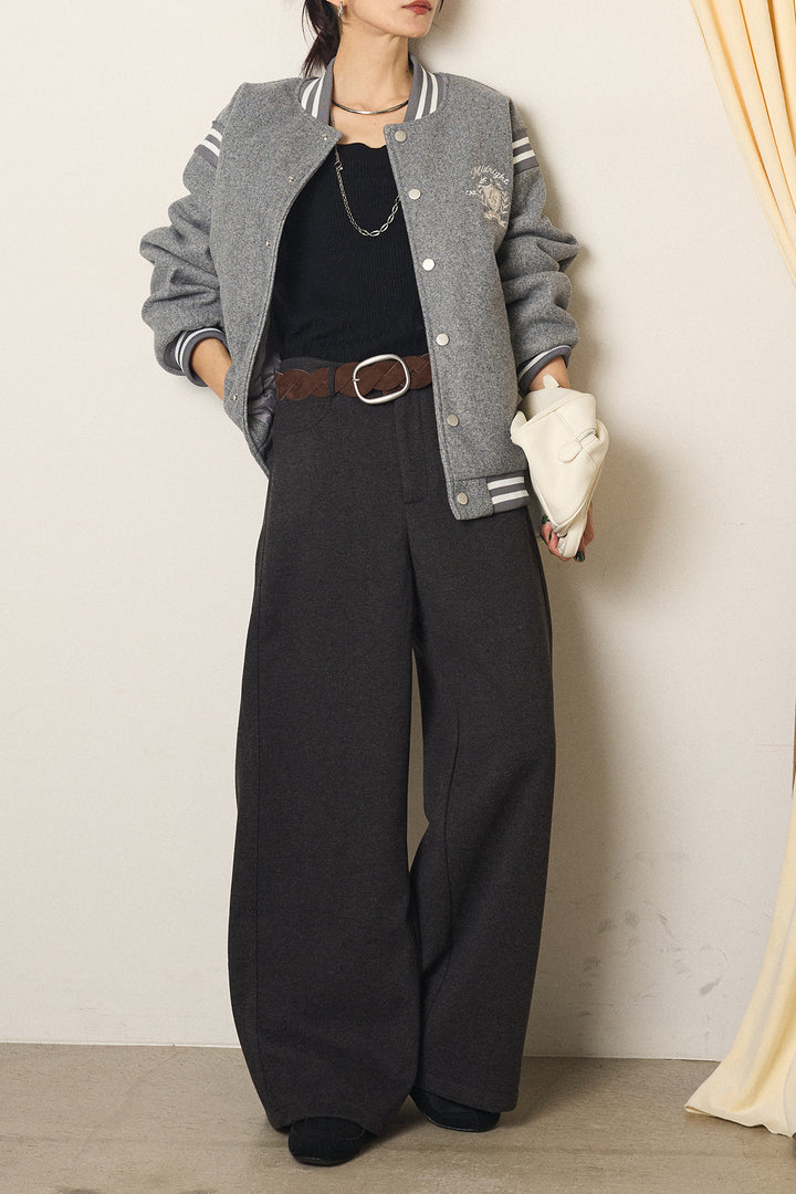 [SET]ワンポイントデザインブルゾン+編みベルト付きワイドパンツ(2set)