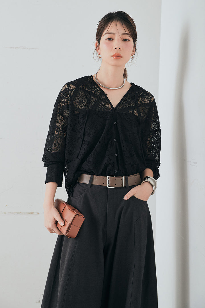 [SET]ブロックレースフード付きブラウス+ベルト付きサイドタックワイドパンツ(2set)