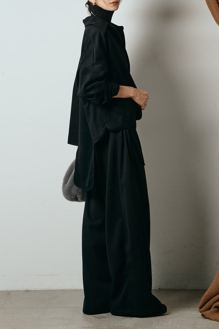 [SET]裾アシンメトリーデザインシャツ+編みベルト付きワイドパンツ+リブニットシームレスタートルプルオーバー(3set)