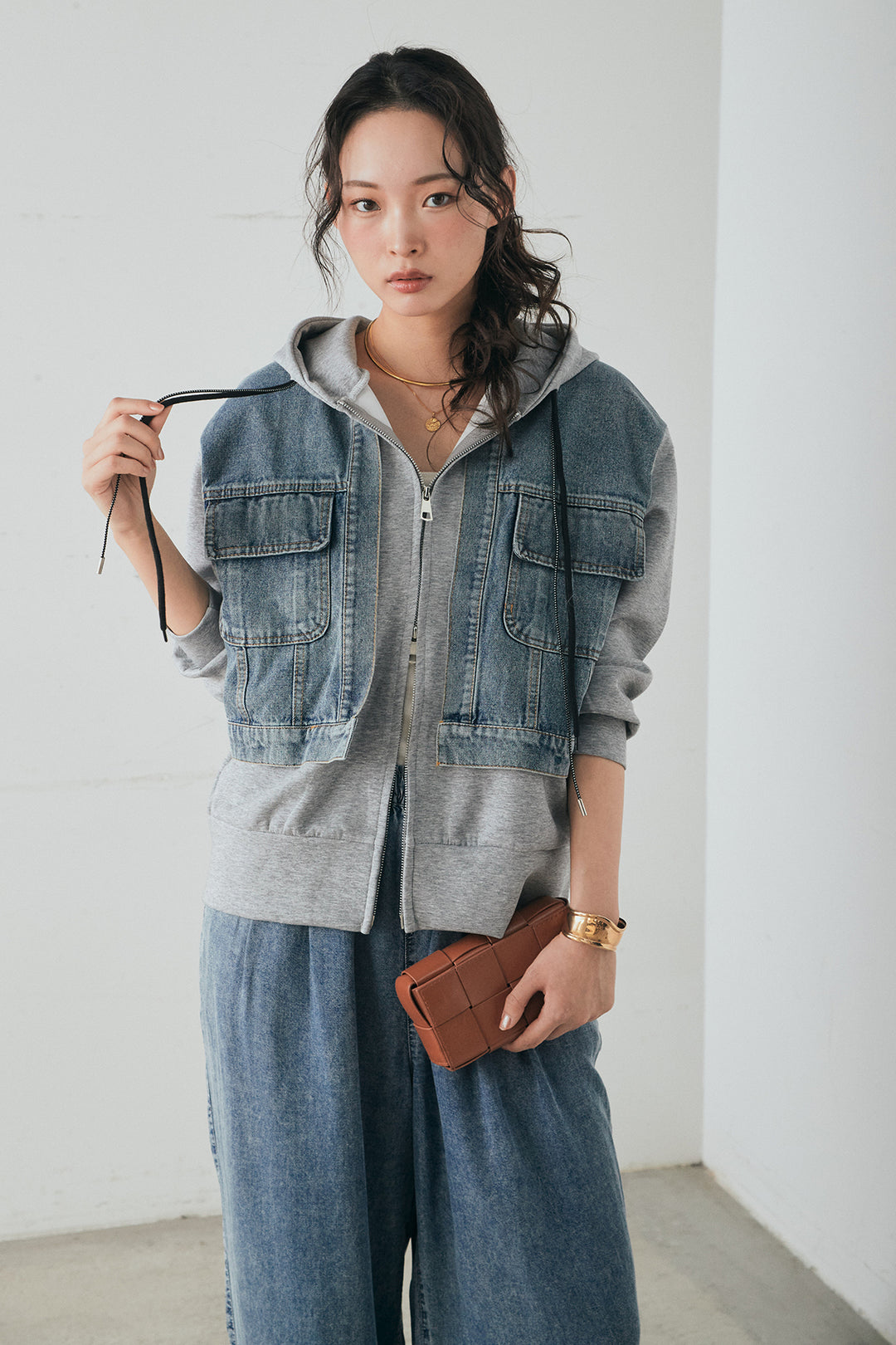 [SET]デニム切替ポンチダブルジップパーカー+テンセルデニムイージーワイドパンツ(2set)