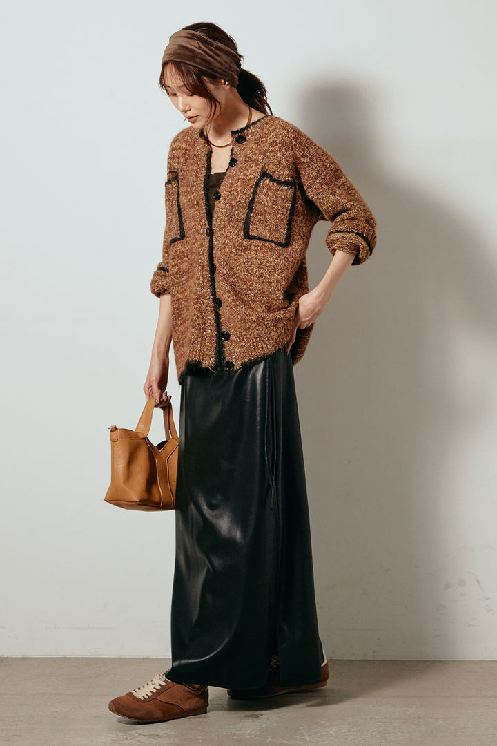 [SET]ミックスニットポケットカーディガン+紐付きフェイクレザーワイドスカート(2set)
