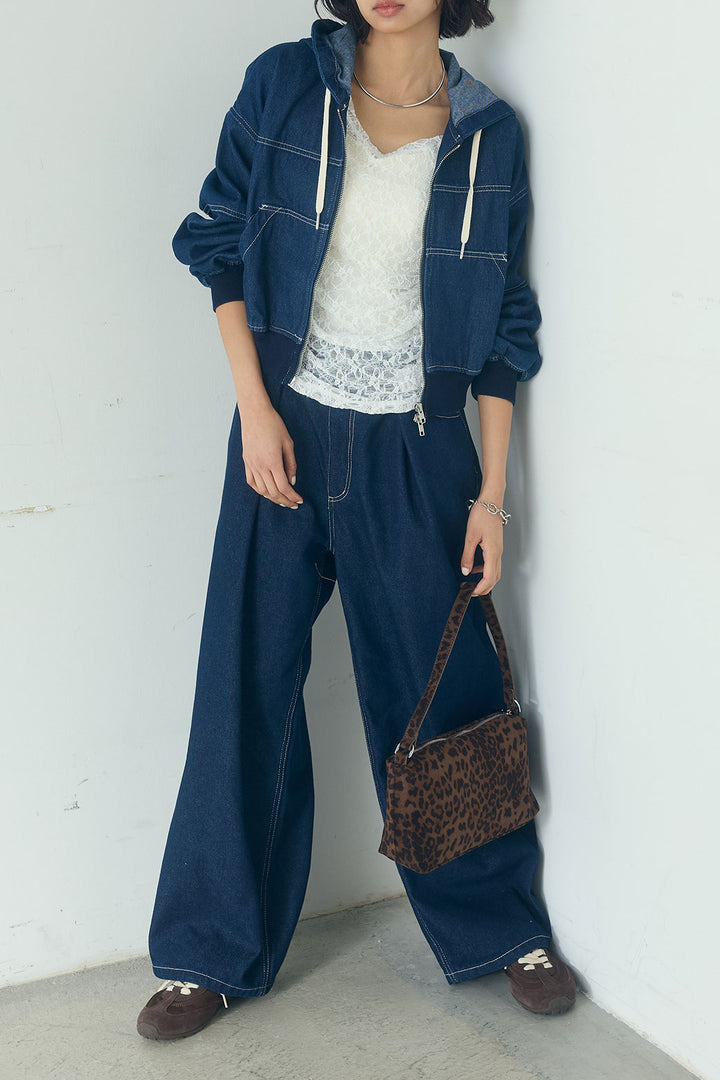 [SET]デニムダブルジップパーカーブルゾン+デニムタックカーブパンツ(2set)