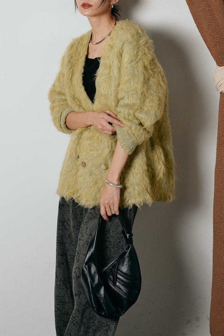 [SET]ウェーブシャギーニットジャケット+ベルト付きニュアンス柄カーブワイドパンツ(2set)