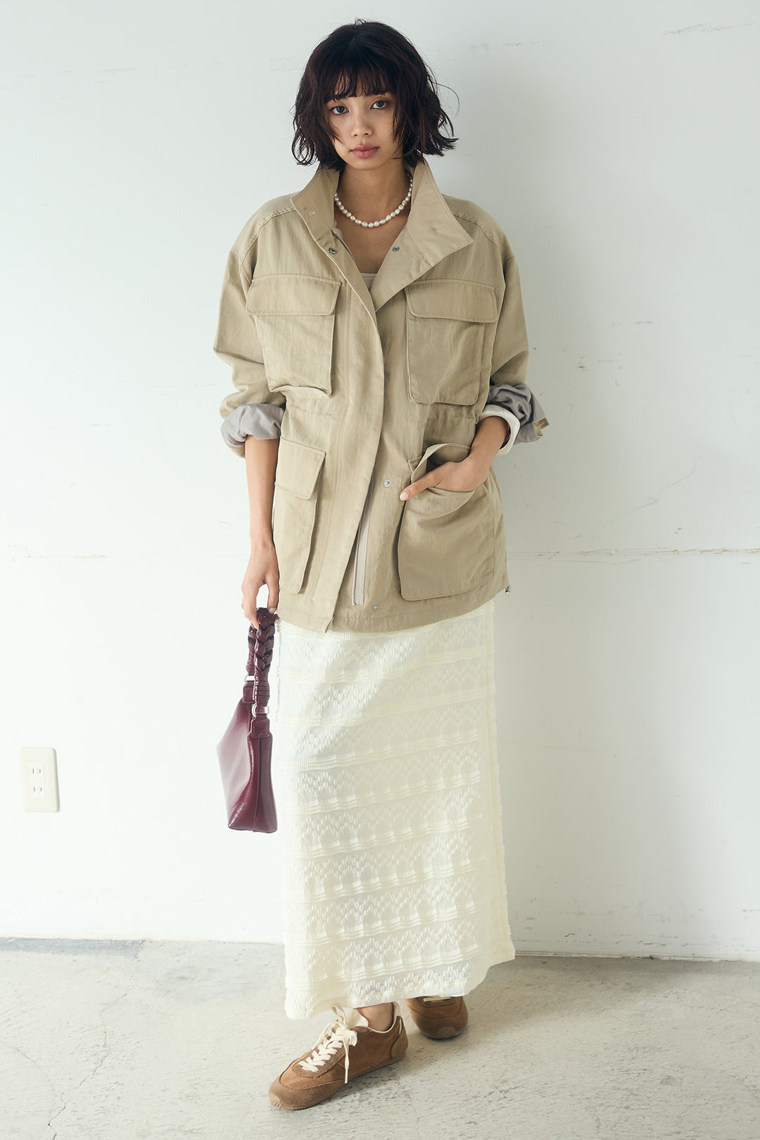 [SET]ナイロンツイルフィールドジャケット+ジャガードカットソータイトスカート(2set)