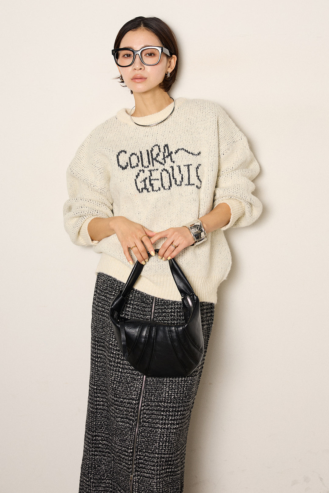 [SET]ロゴシャギーニットプルオーバー+グレンチェック柄フロントジップタイトスカート(2set)