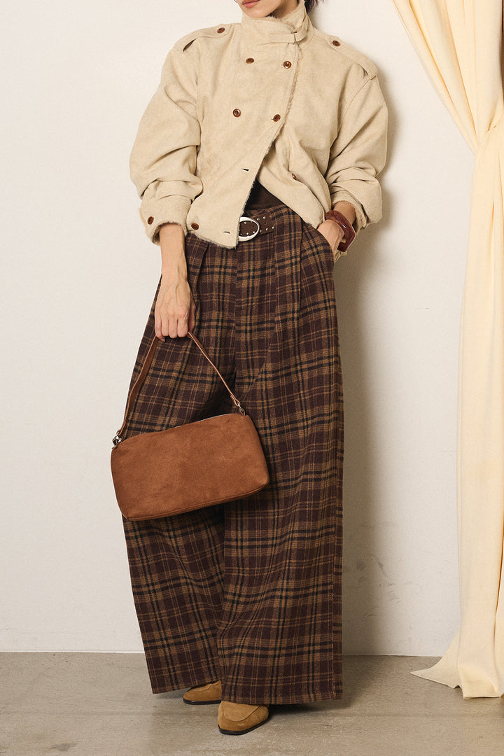 [SET]スタンド襟スウェードライクアウター+スタッズデザインベルトタータンチェックパンツ(2set)