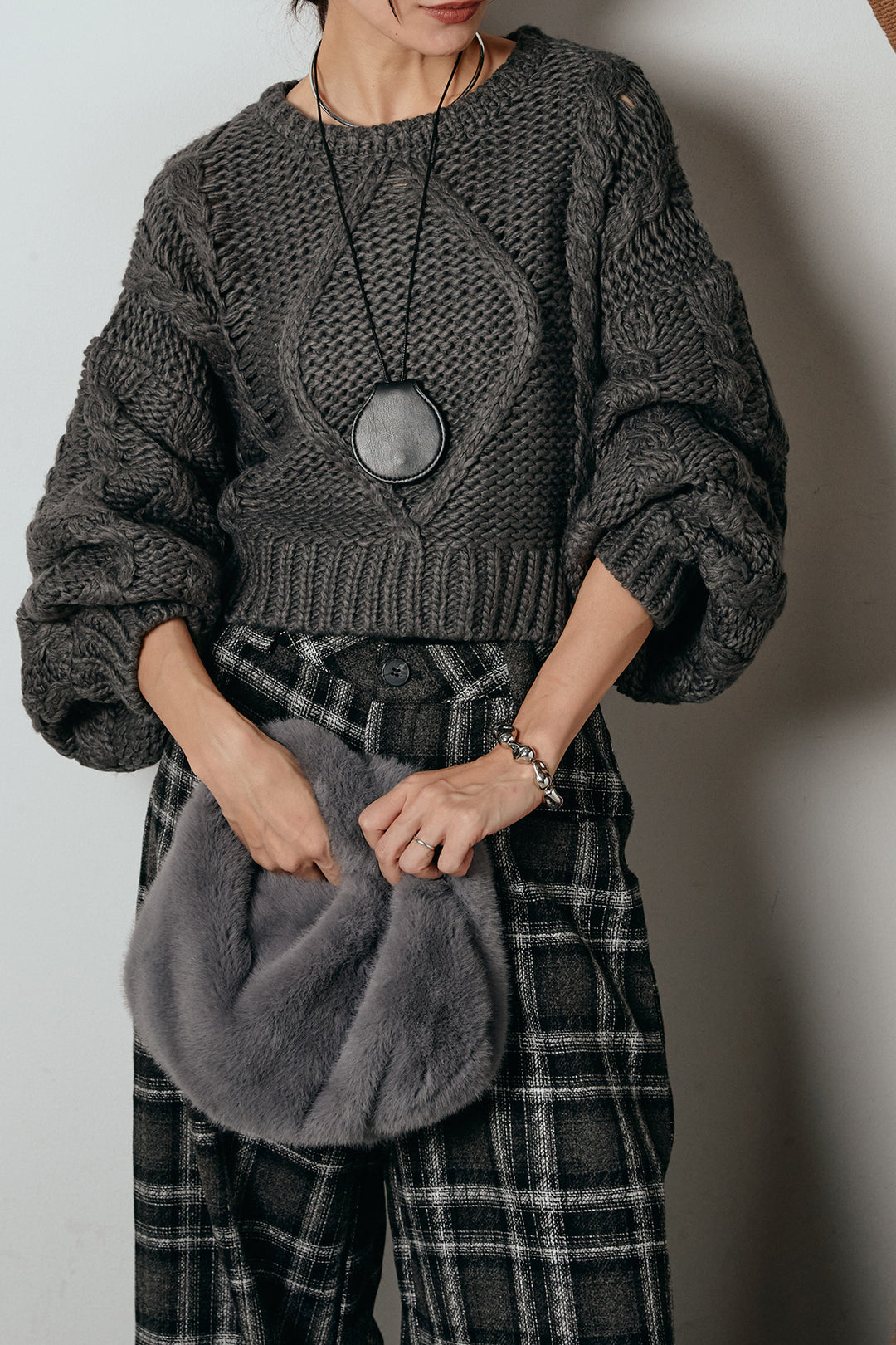 [SET]ロービングケーブルショート丈プルオーバー+ルーズタータンチェックワイドパンツ(2set)