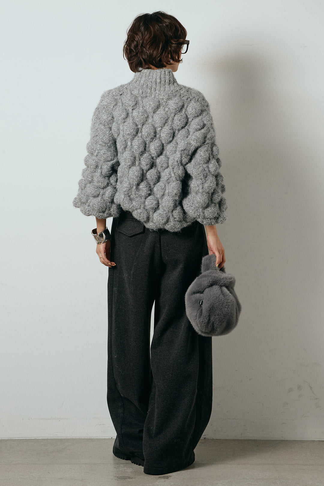 [SET]ボリュームポップコーンニットトップス+編みベルト付きワイドパンツ(2set)