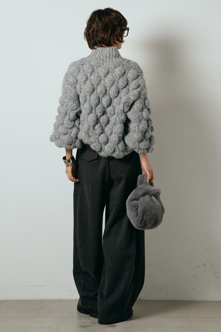 [SET]ボリュームポップコーンニットトップス+編みベルト付きワイドパンツ(2set)