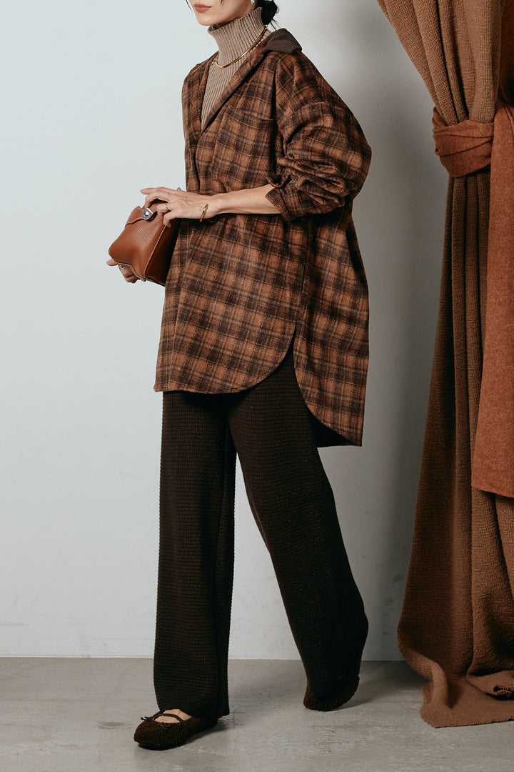 [SET]シャギーチェックシャツジャケット+ワイドリブニットイージーパンツ(2set)