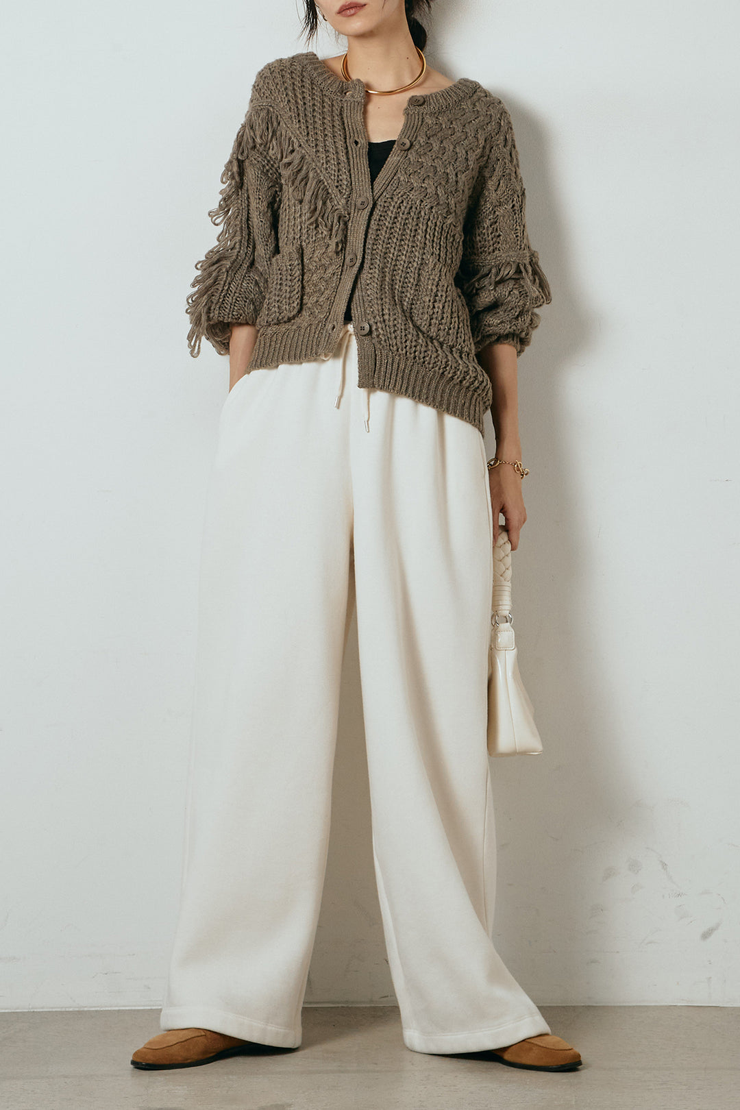 [SET]ランダムフリンジニットカーディガン+裏起毛スウェットワイドパンツ(2set)