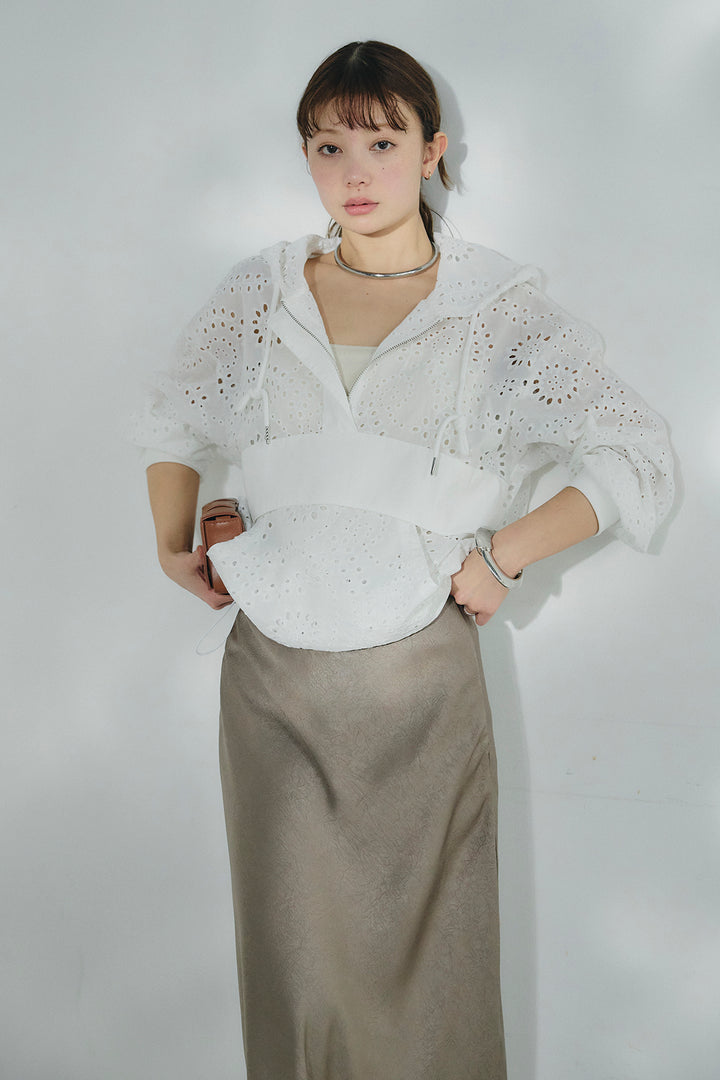 [SET]レースハーフジップアップフーディー+バイアスナローサテンスカート(2set)