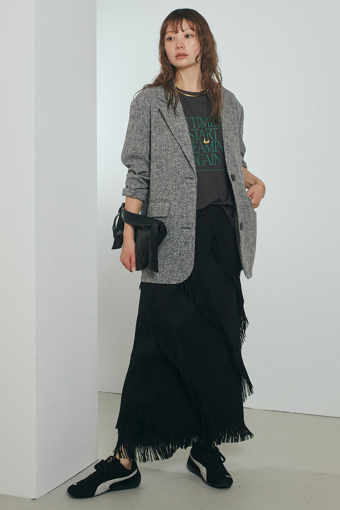 [SET]ミックスツイードベルト付きジャケット+斜めフリンジデザインスカート(2set)