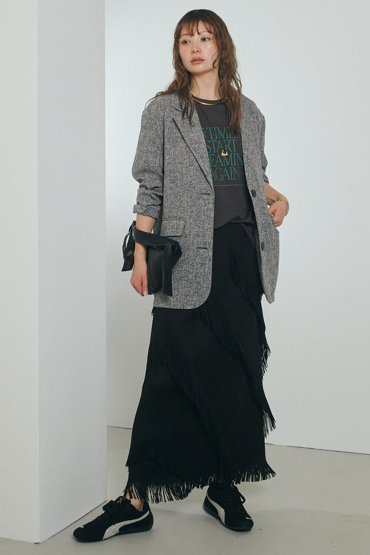 [SET]ミックスツイードベルト付きジャケット+斜めフリンジデザインスカート(2set)