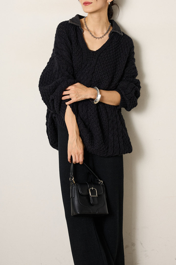 [SET]デニムカラーケーブルオーバーニット+ワイドリブニットイージーパンツ(2set)