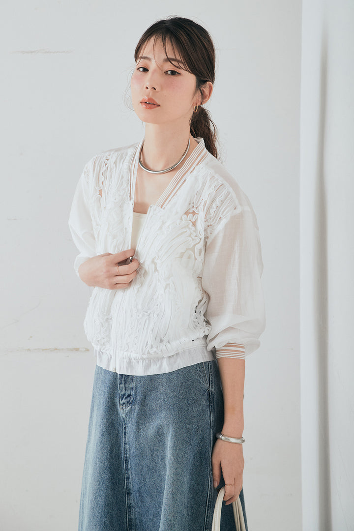 [SET]モチーフ付きシアーブルゾン+デニムロングフレアスカート(2set)