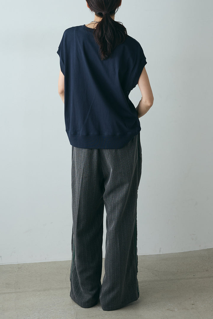 [SET]サガラ刺繍フレンチスリーブTシャツ+ピンストライプサイドラインワイドパンツ(2set)