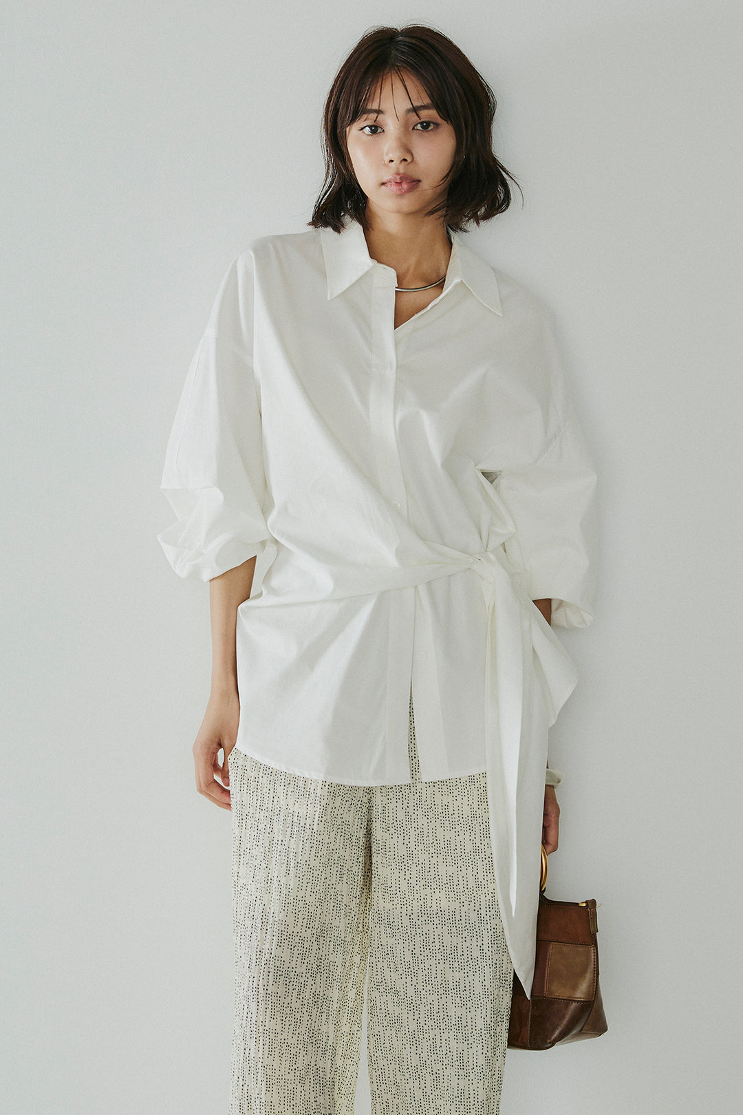 [SET]襟付き巻きデザインシャツ+シアーランダムドットラフパンツ(2set)