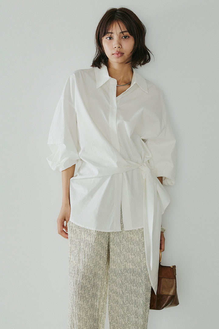 [SET]襟付き巻きデザインシャツ+シアーランダムドットラフパンツ(2set)