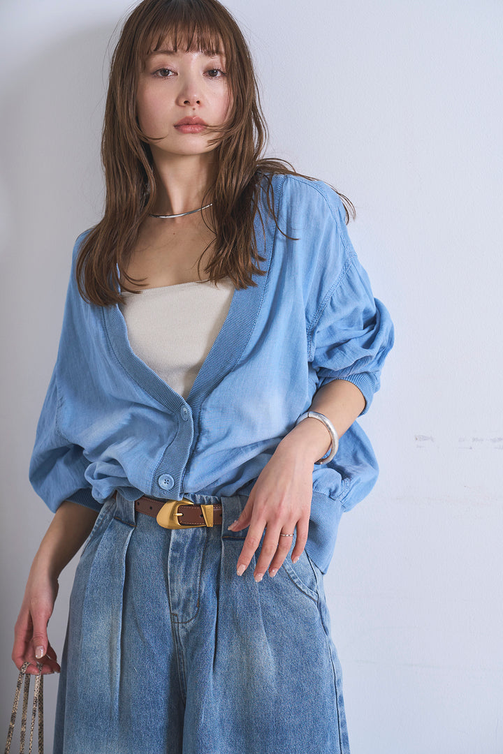 [SET]シアーデニムカーディガン+ベルトループワイドタックデニムパンツ(2set)