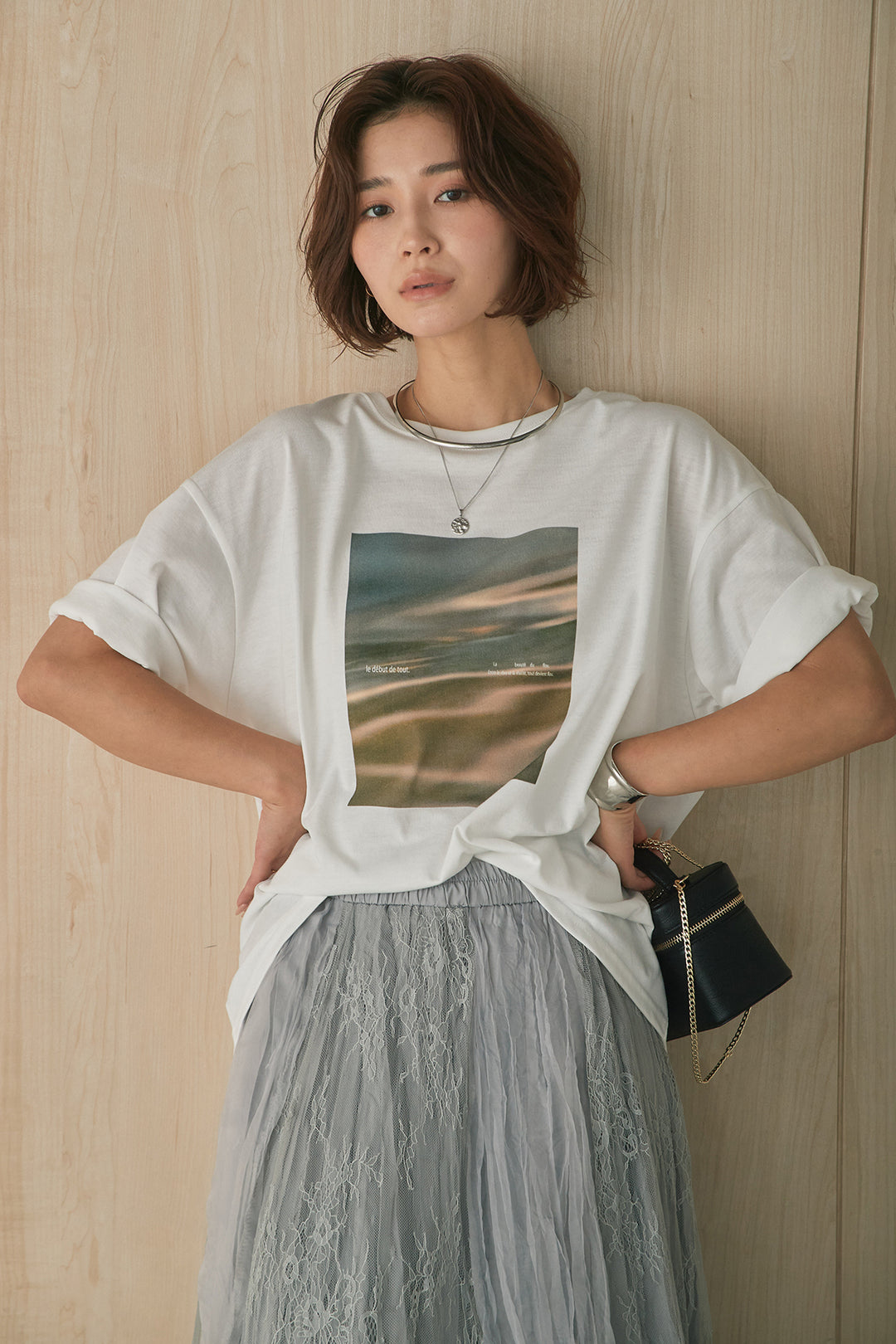 [SET]MarbleプリントTシャツ+レースコンビワッシャーギャザースカート(2set)