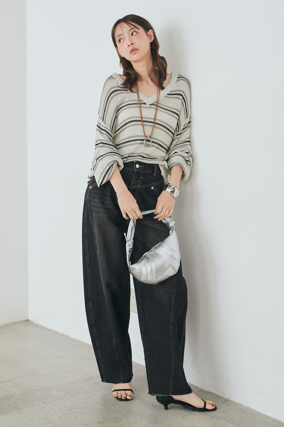 [SET]綿タッチVネックボーダートップス+デニムヨークパンツ(2set)