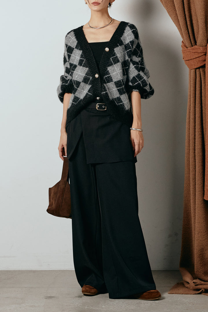 [SET]オーバーサイズ総柄Vネックニットカーディガン+ベルト付きウエストデザインパンツ(2set)
