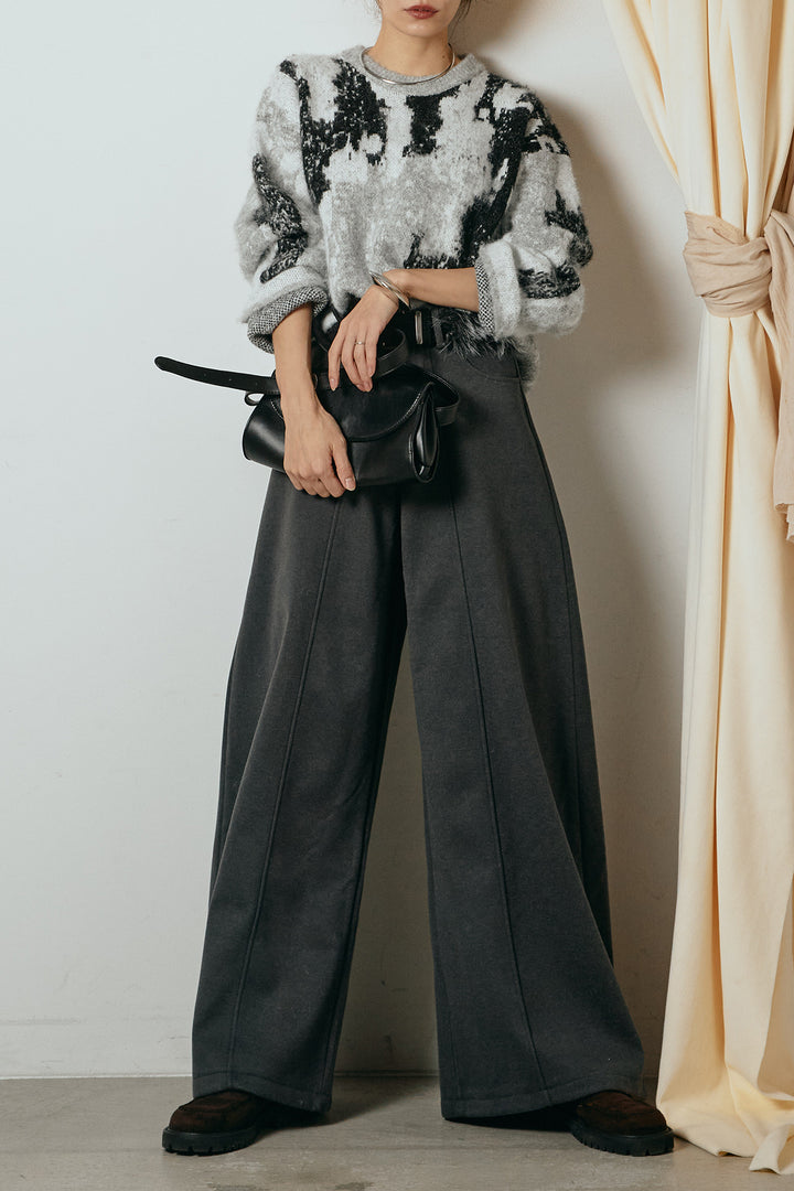 [SET]起毛ニュアンス柄ニットプルオーバー+ファーベルト付きワイドパンツ(2set)