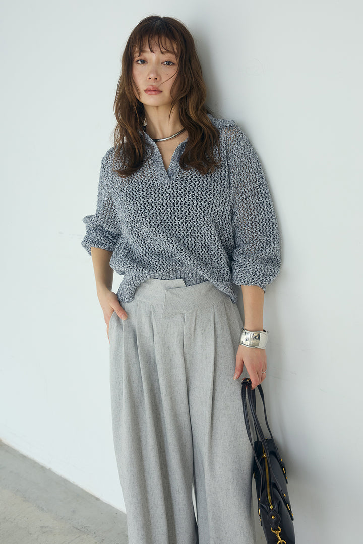 [SET]ミックスメッシュポロニット+麻混タックワイドパンツ(2set)