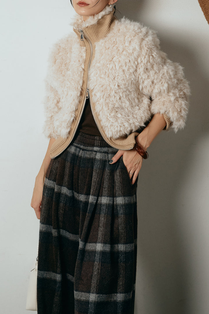 [SET]ハイネックショート丈ボアジップブルゾン+起毛タータンチェック柄ワイドパンツ(2set)