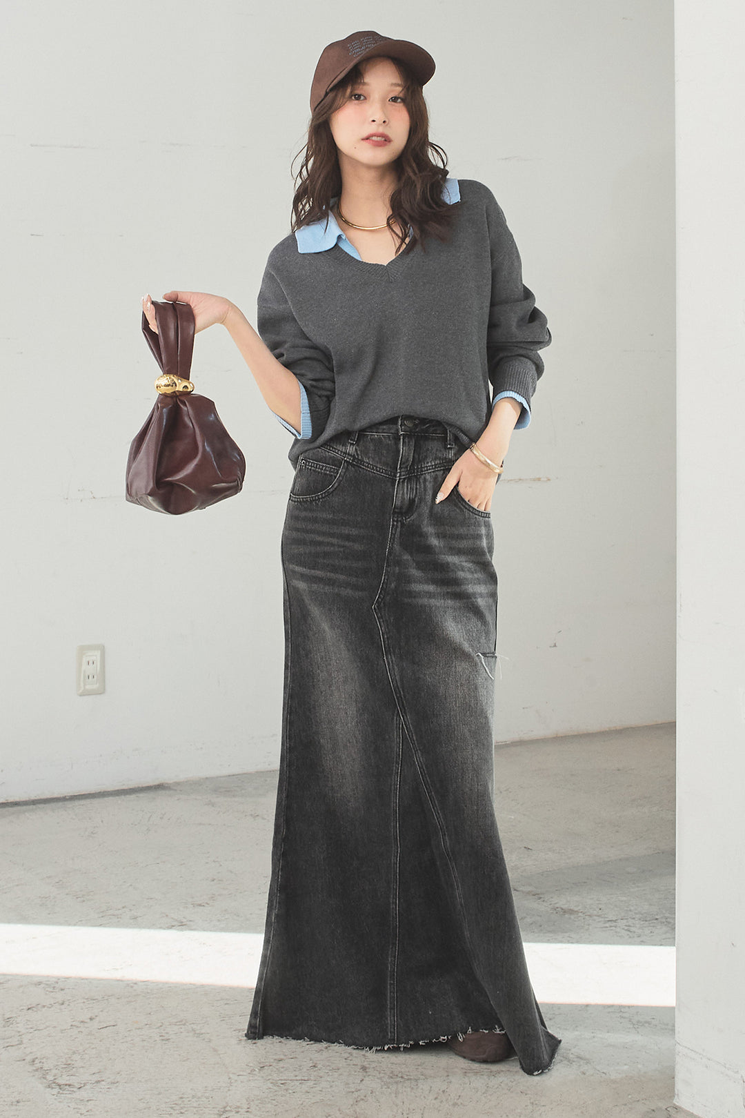 [SET]バイカラーニットレイヤード風プルオーバー+Aラインデニムスカート(2set)