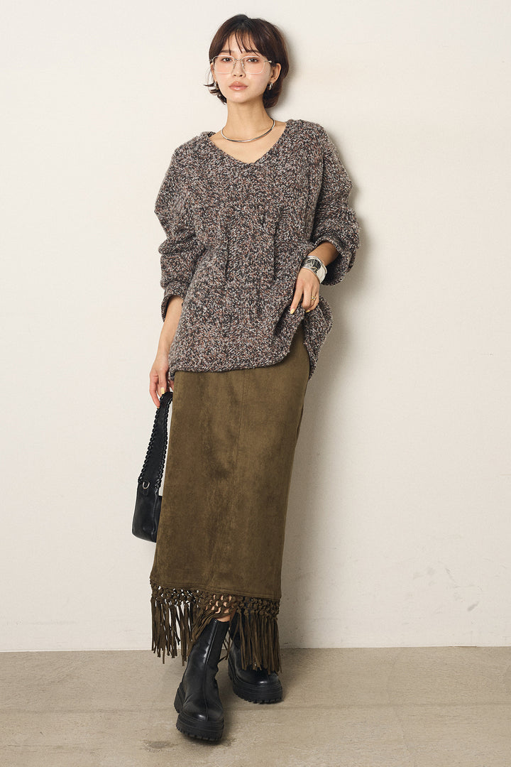 [SET]Vネックミックス編みニットトップス+スウェードライク裾フリンジスカート(2set)
