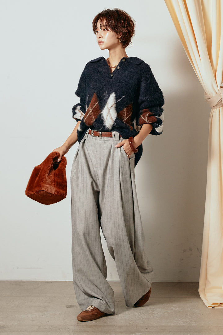 [SET]アーガイル柄ポロニットトップス+ストライプヘリンボーンパンツ(2set)