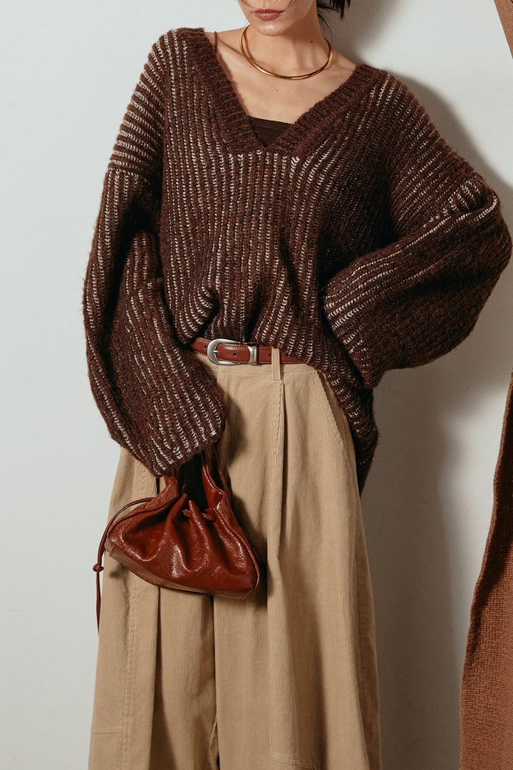 [SET]アルパカタッチ深Vニットトップス+タック入りコーデュロイワイドパンツ(2set)