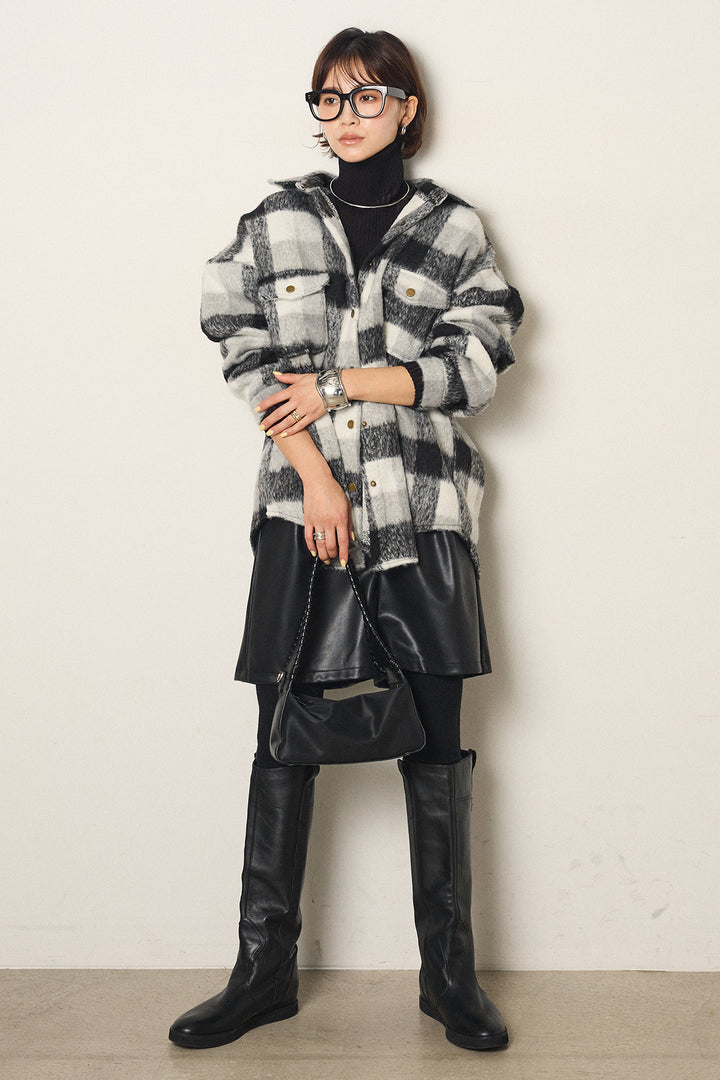 [SET]起毛チェック柄ポケットアウター+ストレッチエコレザーバミューダパンツ+リブニットシームレスタートルプルオーバー(3set)