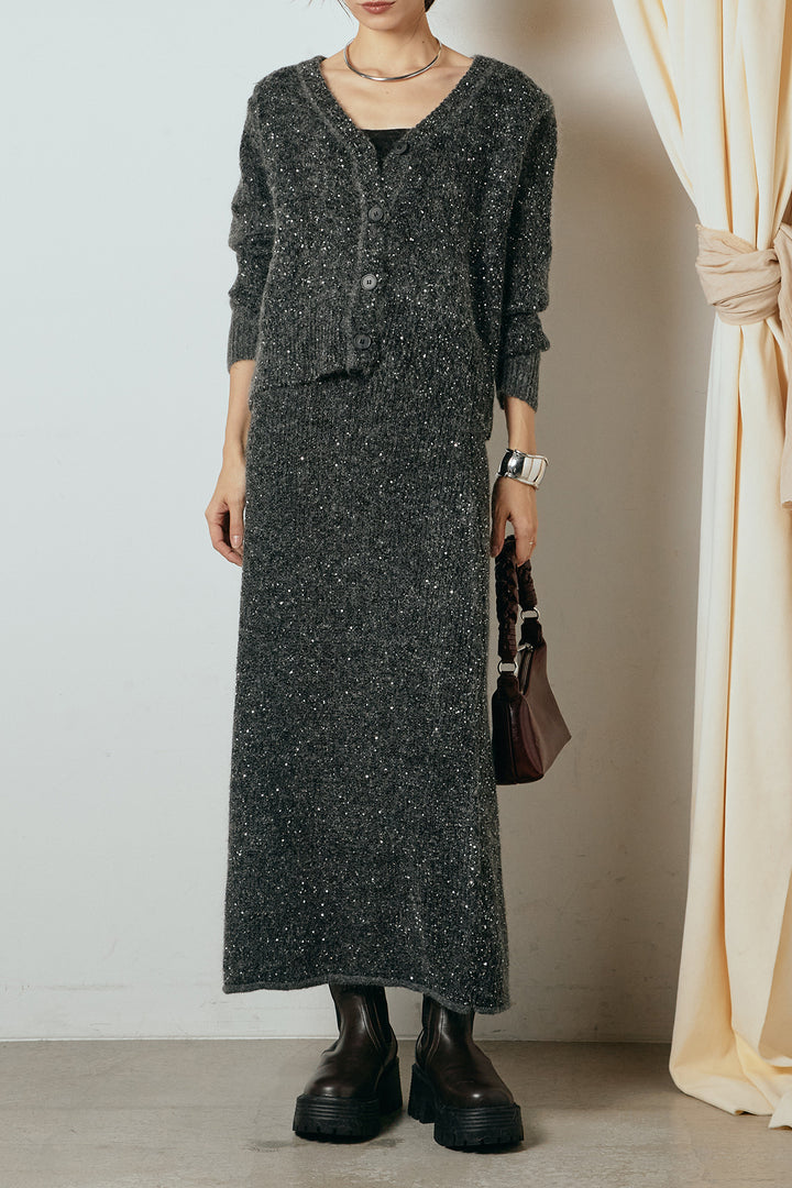 [SET]ミニラメニットカーディガン+ミニラメニットスカート(2set)