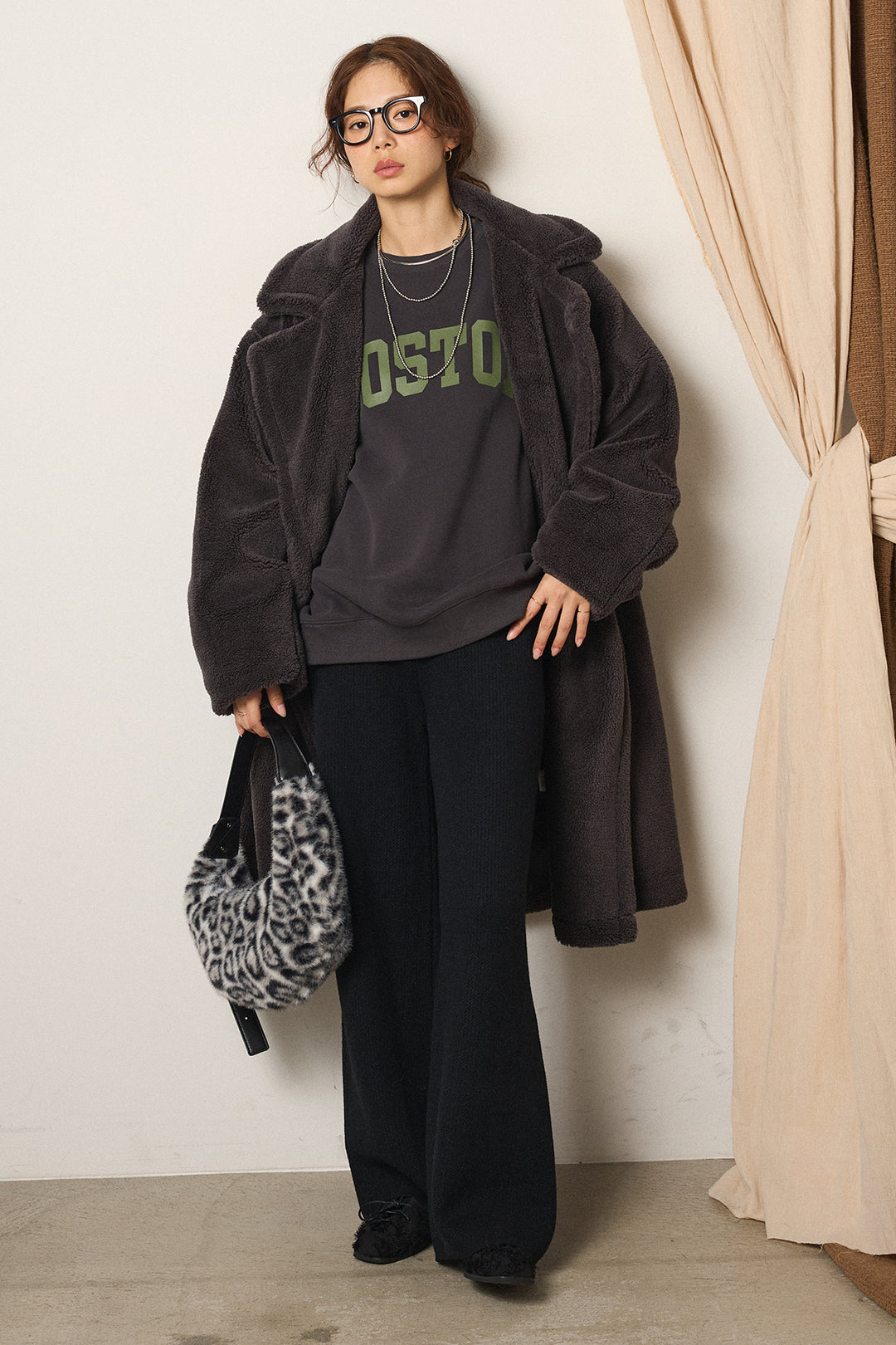 [SET]テディボアロングコート+ロゴデザインルーズスウェット+ワイドリブニットイージーパンツ(3set)