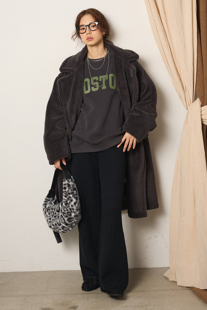 [SET]テディボアロングコート+ロゴデザインルーズスウェット+ワイドリブニットイージーパンツ(3set)