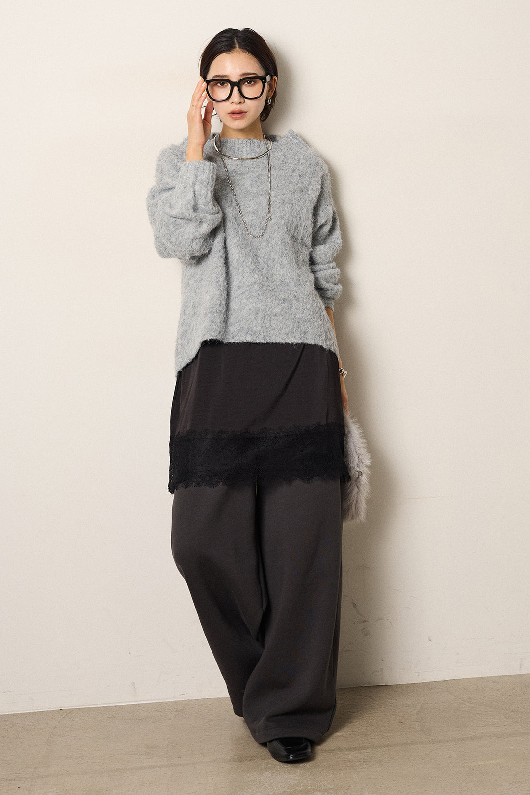 [SET]アルパカタッチオフショルニット+レース切り替えキャミソール(2set)