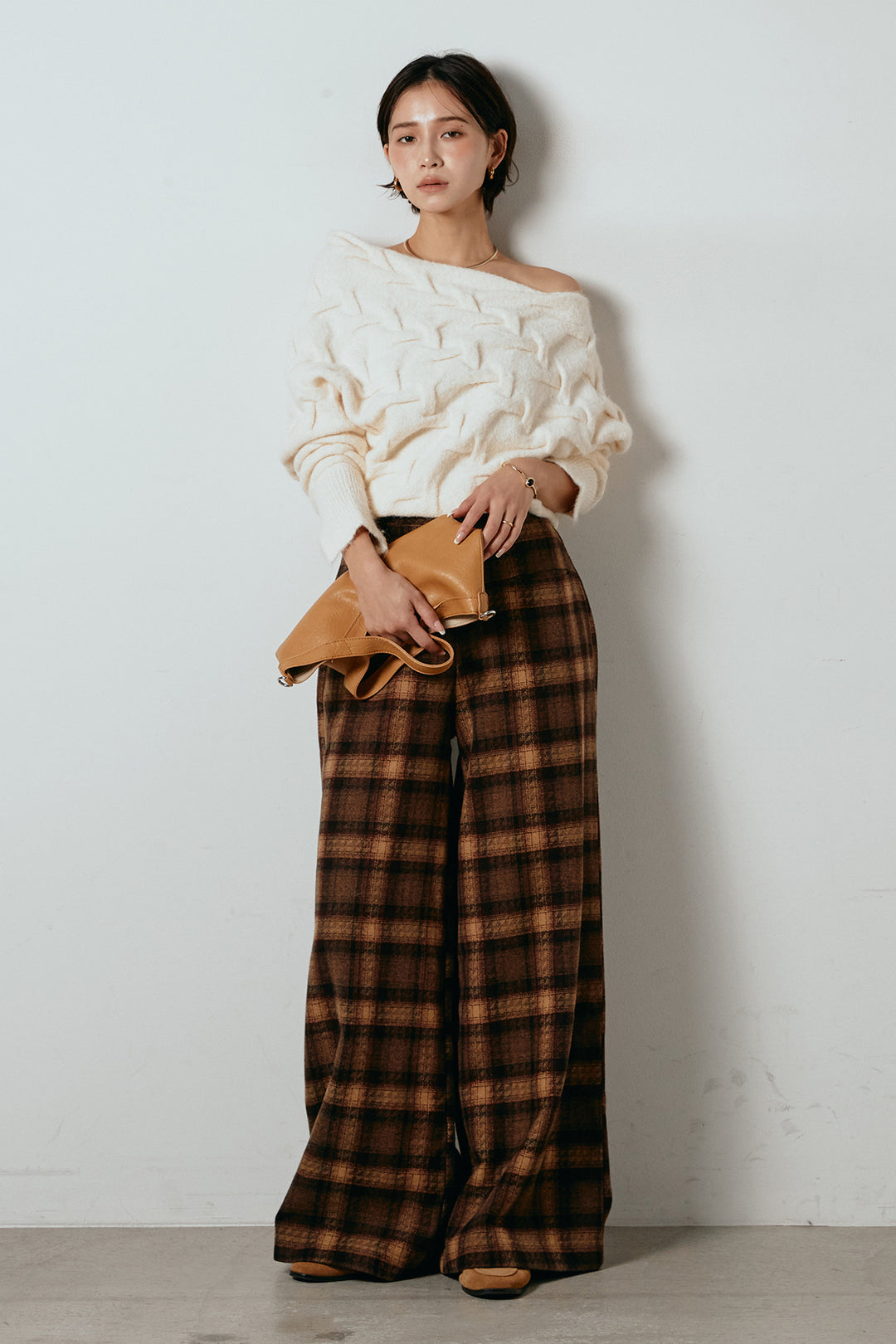 [SET]ボートネックニットトップス+ルーズタータンチェックワイドパンツ(2set)