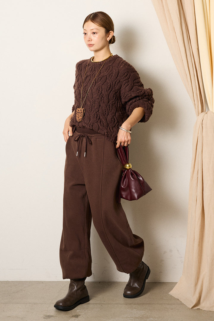 [SET]ケーブルリラックスショートニット+スウェットワイドカーブパンツ(2set)